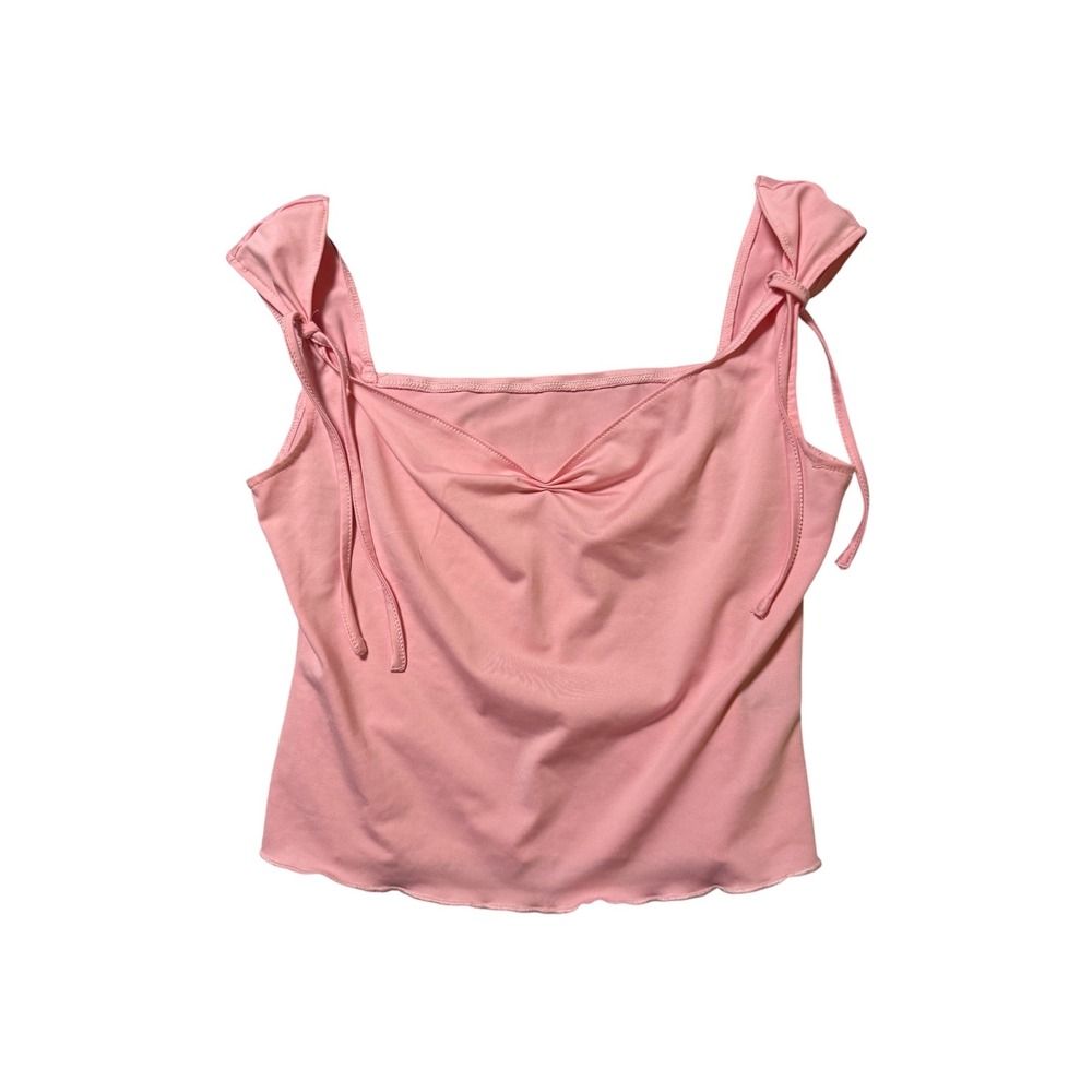 Cider Medium Light Pale Pink Tank Top Tie Strap Lettuce Trim Draped Scoop Neck
